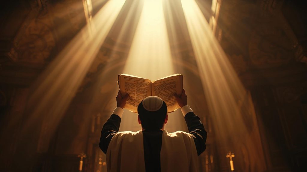 a jewish rabbi holding the torah upwards in the synagogue (2)