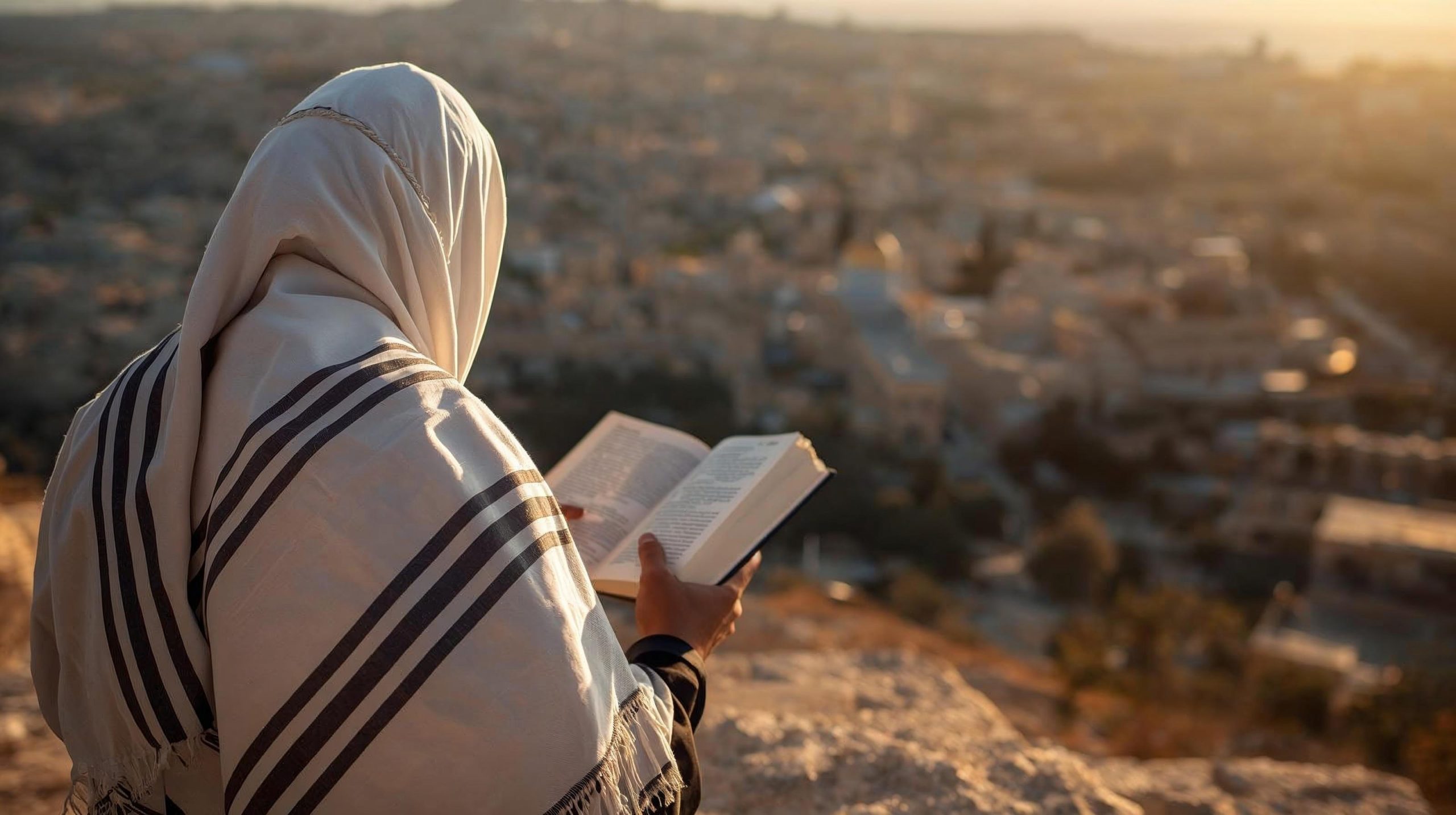 jewish man praying towards the west with his tallit prayer shawl and tefillim and with prayer book on top of mountain olives jerusalem